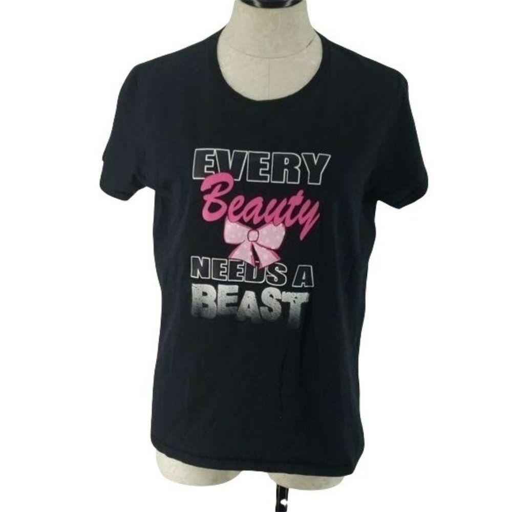 Every Beauty Needs A Beast Graphic Black T-Shirt Ladies L Gildan Heavy Cotton Ca